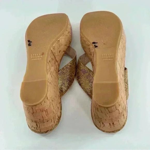 Stuart Weitzman sandals 10.5 gold leather snakeskin print cork platform thong - Picture 7 of 14